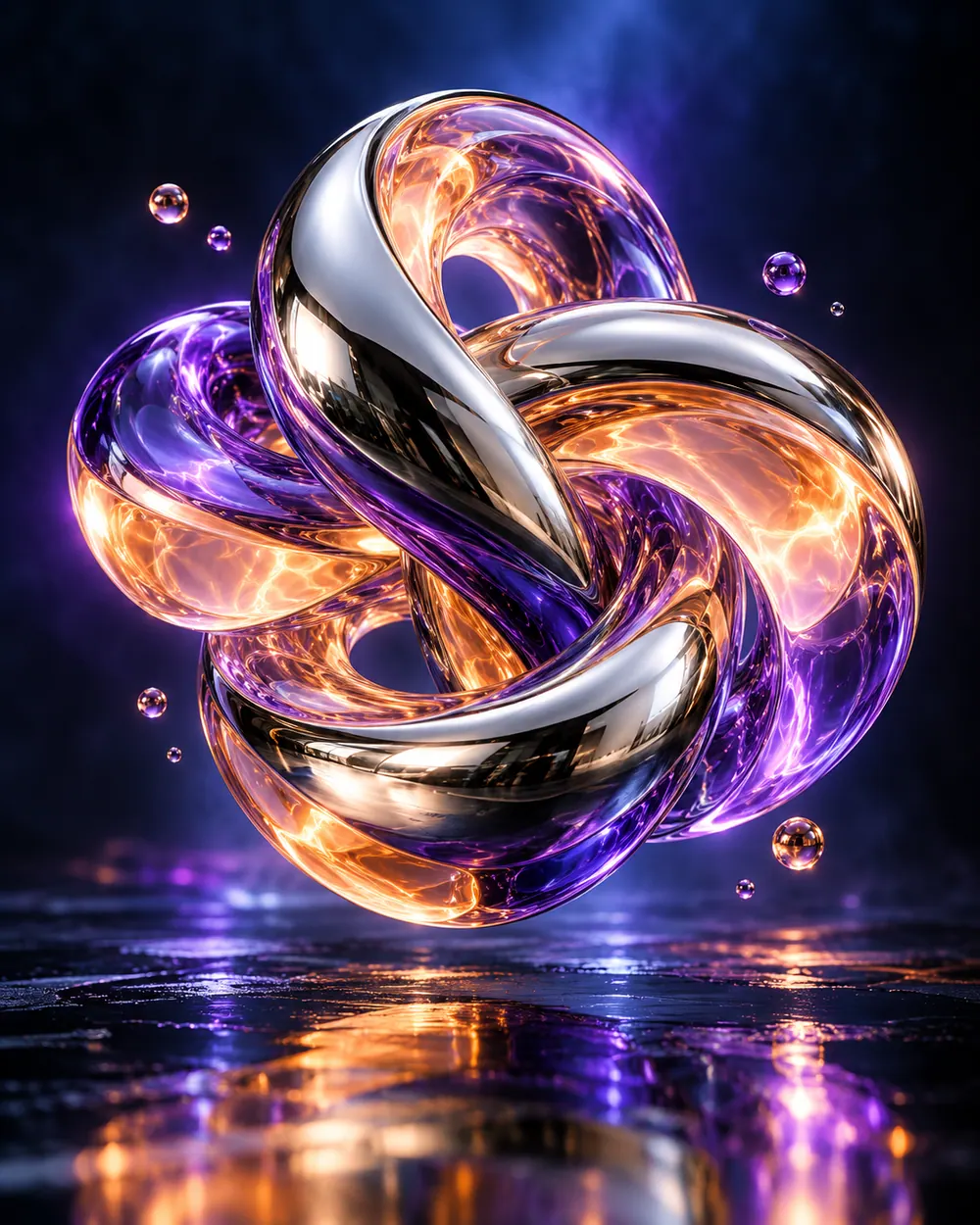 Interwoven chrome and glowing amber-violet glass loops on a dark set