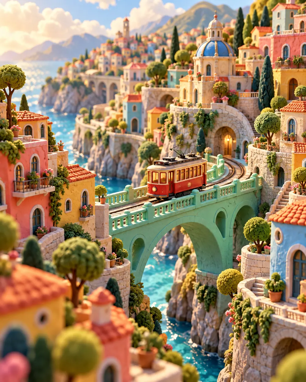 A miniature red tram crossing a pastel bridge through a sunlit coastal city