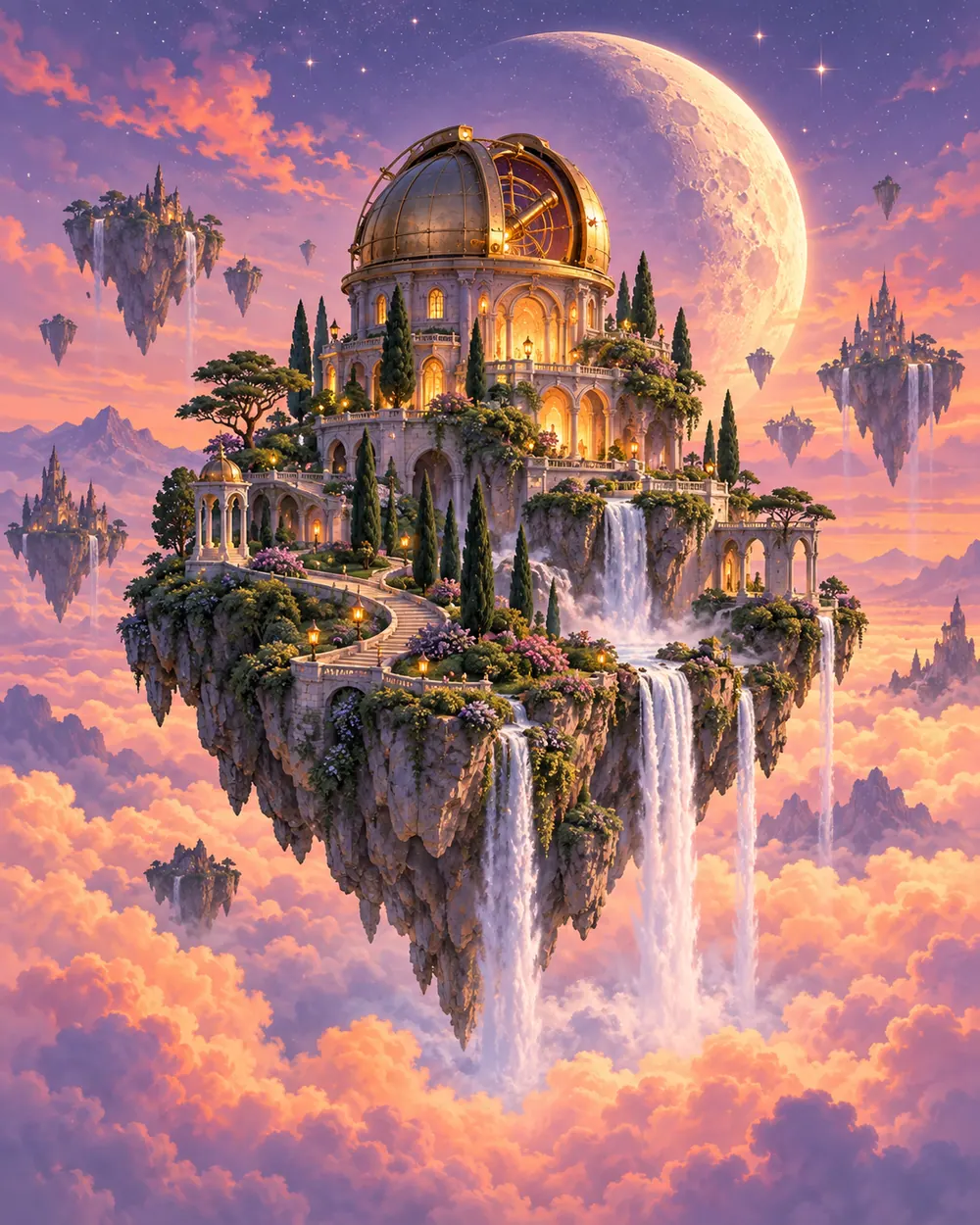 An illuminated observatory on a floating island above pink clouds and waterfalls