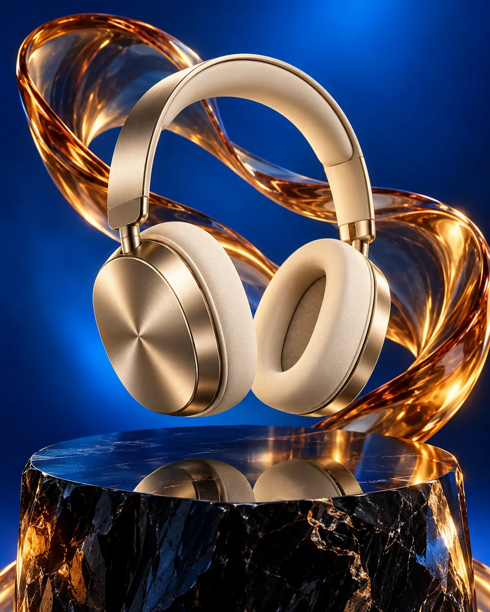 Cream and gold over-ear headphones floating before blue and amber sculptural ribbons