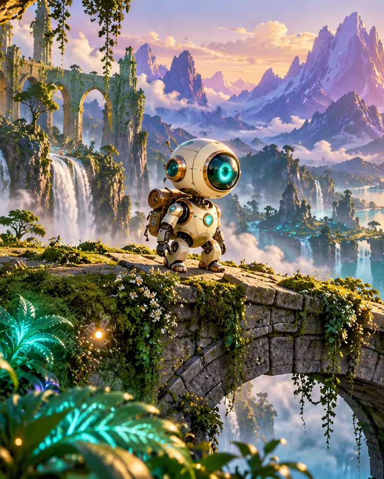 A small illustrated robot on a stone bridge above waterfalls and a glowing mountain valley