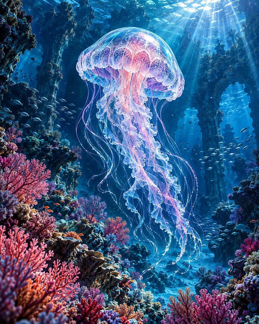 A luminous translucent jellyfish in a vivid underwater coral world