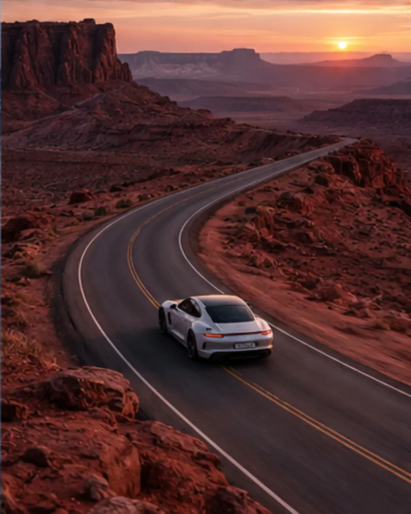 A car on a desert road at sunset — an example image result