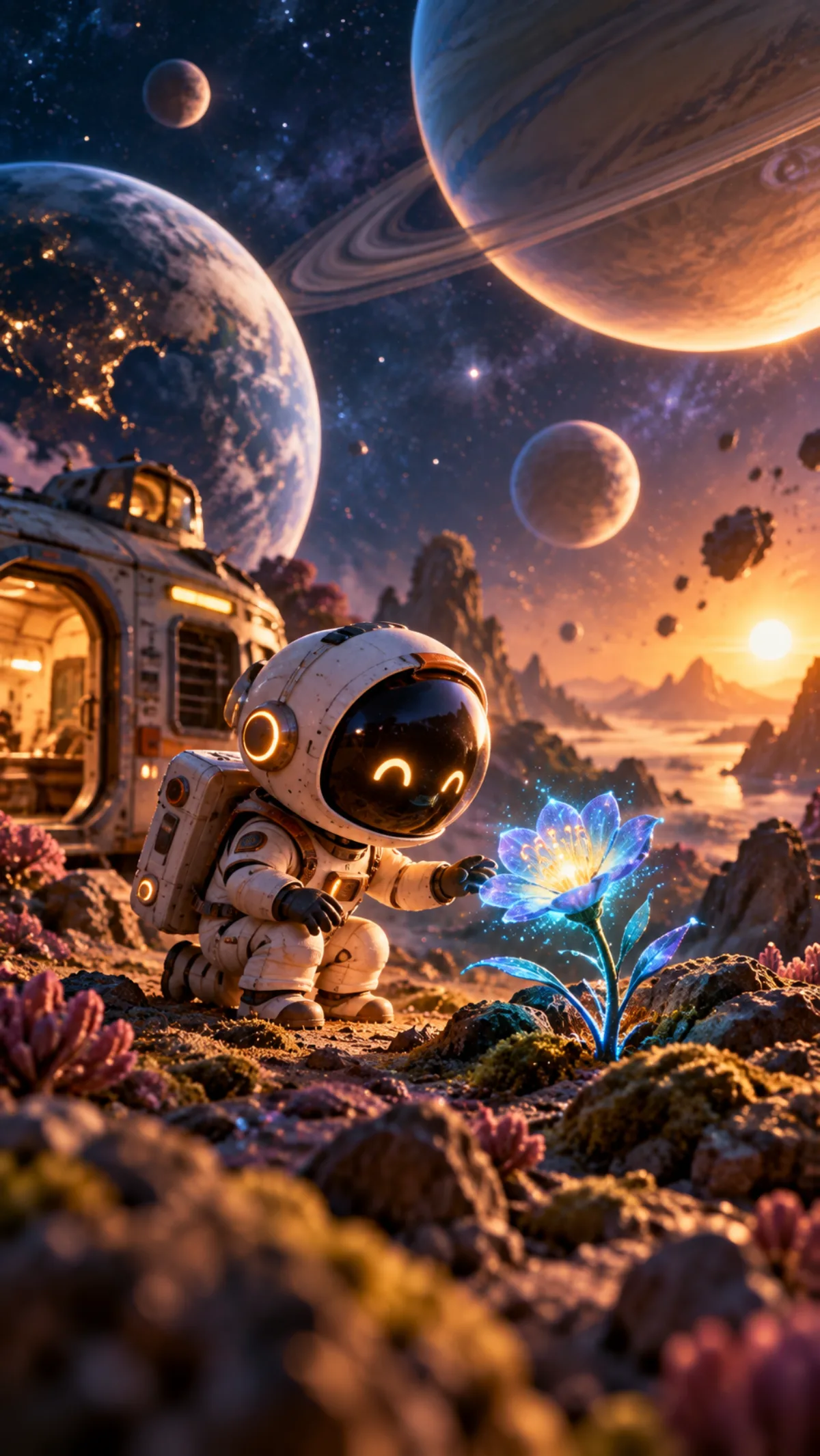 A small robot astronaut discovering a glowing flower beneath distant planets